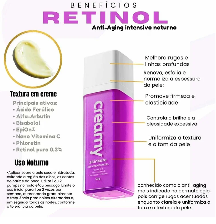 Creamy Retinol 0,3 + Nano Vitamina C + Peptídeos + Phloretin