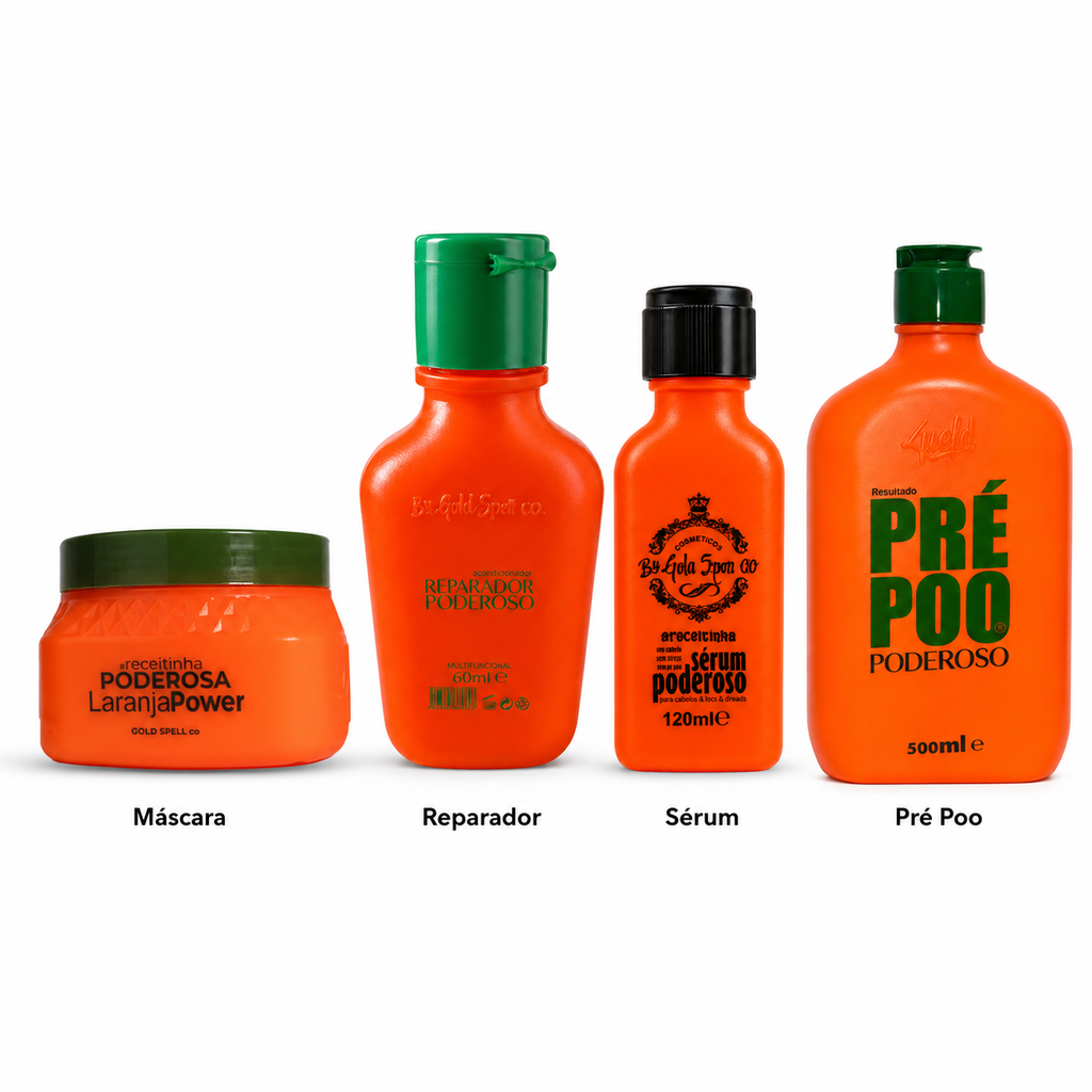 Kit Poderoso Laranja – Máscara + Reparador + Sérum + Pré-Poo | Gold Spell